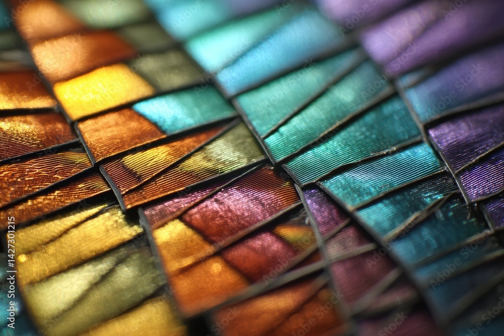 Poster close-up view of butterfly wing pattern reveals intricate iridescent scales with vibrant colors and 