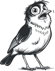 A whimsical cartoon illustration of a singing bird with exaggerated features and expressive eyes.