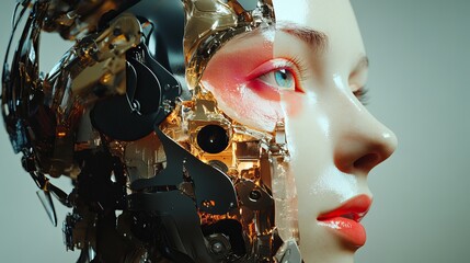 Futuristic Cyborg Woman Face Digital Art Abstract Gold Black Mechanical Robotic Technology Innovation Artificial Intelligence Modern Design Elegant Portrait Beautiful Female Cyberpunk Style High Tech 