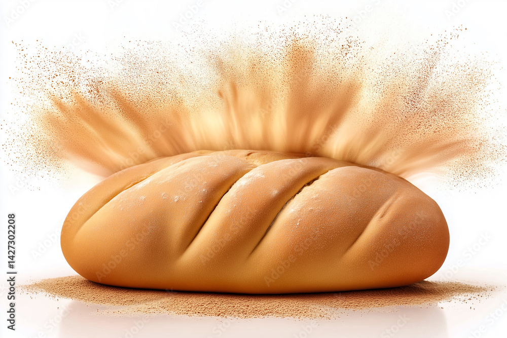 Aufkleber artisan wheat bread loaf rests on white backdrop with flour dusting creating a minimalist aesthetic.