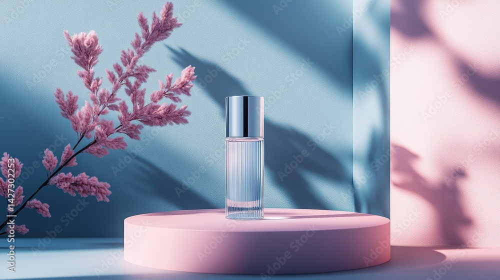 Poster elegant glass perfume bottle displayed on a pastel pedestal with soft shadows and pink foliage, crea
