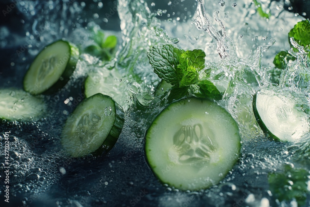 Poster fresh cucumber slices and mint leaves splash in water, creating a refreshing and vibrant scene.