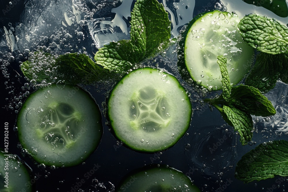 Poster fresh cucumber slices and mint leaves submerged in sparkling water, creating a refreshing visual.