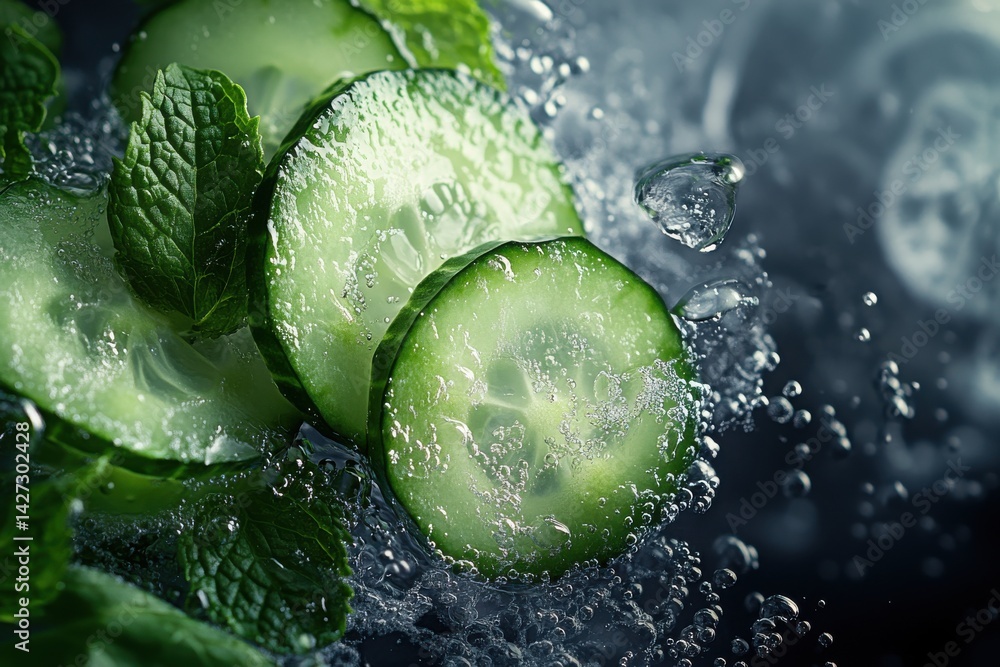 Aufkleber fresh cucumber slices with mint, submerged in sparkling water, creating a refreshing image.