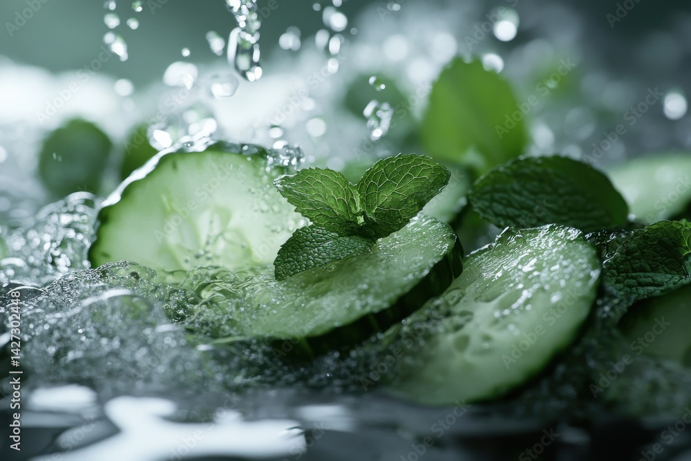 Poster fresh cucumber slices with mint leaves in sparkling water, creating a refreshing and vibrant atmosph