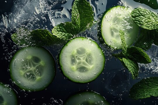 Fresh cucumber slices and mint leaves submerged in sparkling water, creating a refreshing visual.