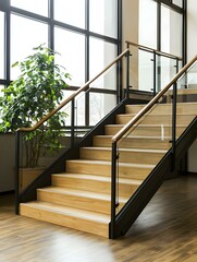 Modern wooden staircase with glass railing and plant near large windows. Ideal for home, office, or architectural designs.