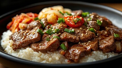Fototapeta premium Delicious Korean Beef Bowl: A savory mix of marinated beef, kimchi, and steamed rice, topped with sesame seeds and green onions. A perfect blend of flavors and textures.