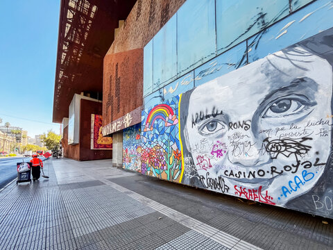 A vibrant display of street art and graffiti on the walls of the Gabriela Mistral Cultural Centre in Santiago, Chile