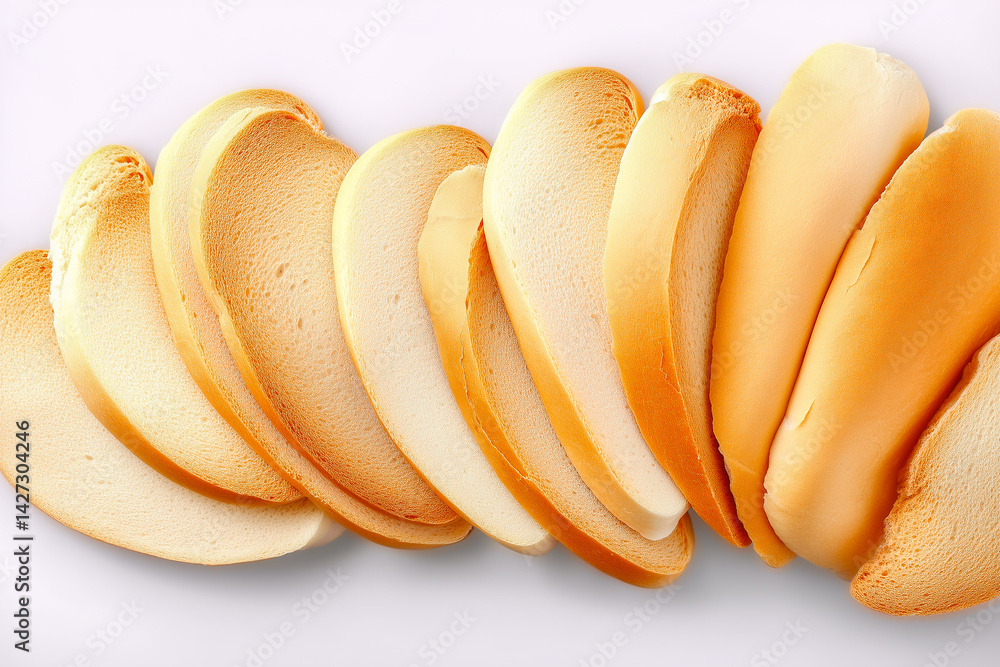 Poster sliced spelt bread with soft texture artfully arranged in a fan shape on white background. suitable 