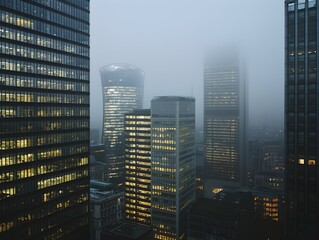 Obraz premium Foggy Cityscape Illuminated Skyscrapers at Dusk.