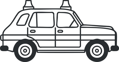 A simple outline illustration of a car with emergency lights on the roof.