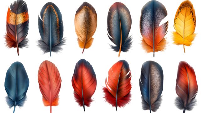 Exotic Bird Feathers Twelve Vibrant Plumage Samples.