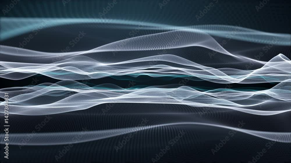 Poster fantastic video animation with particle wave object in slow motion, 4096x2304 loop 4k