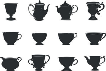 A collection of elegant silhouette designs of various teapots and cups for decoration.