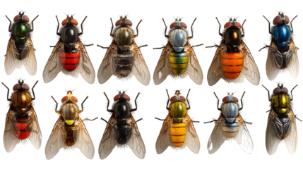 Colorful Flies Twelve Insect Specimens for Nature Studies.