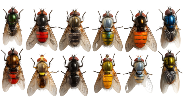 Colorful Flies Twelve Insect Specimens for Nature Studies.