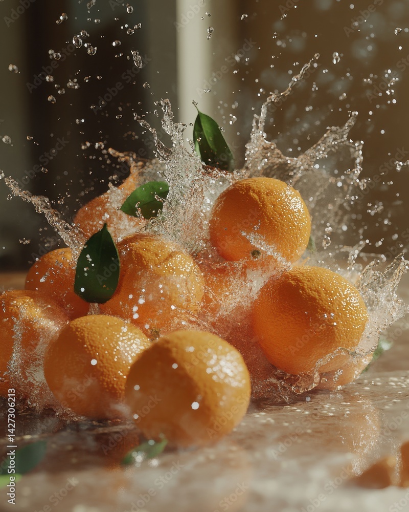 Poster fresh oranges splash into water, creating a vibrant and refreshing scene full of energy.