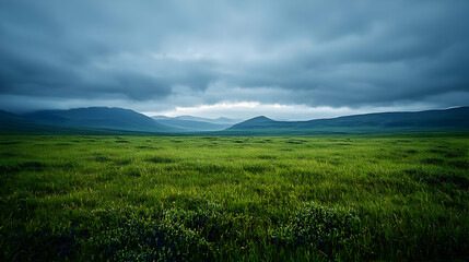 Fototapeta premium Vast Green Field Under Cloudy Sky With Distant Mountains