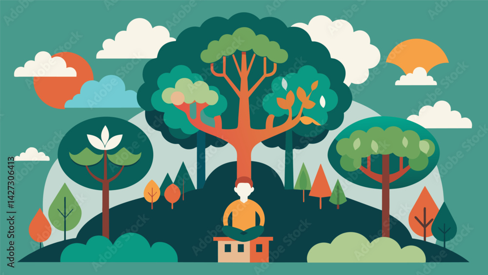 Poster a peaceful haven of trees each signifying a different aspect of stoic philosophy such as resilience 