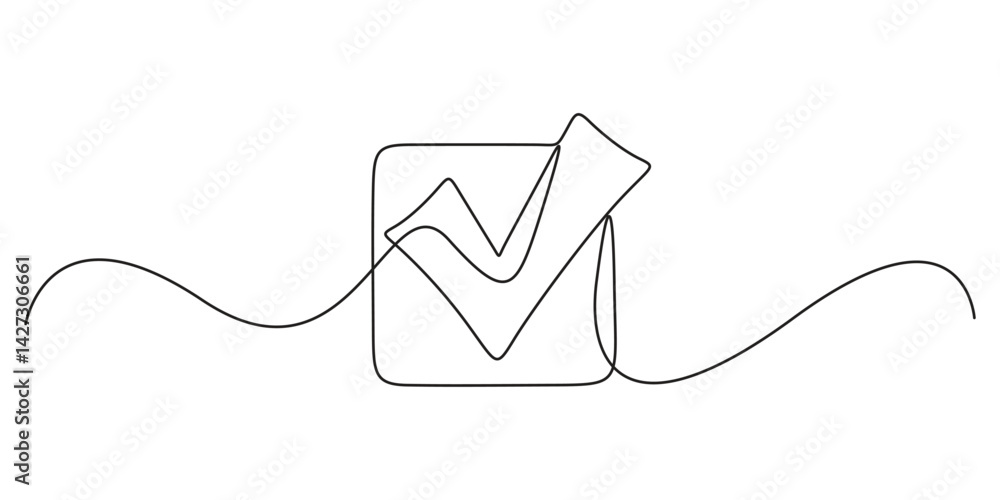 Poster continuous one line art creating the shape of a check mark. one continuous line drawing check mark. 