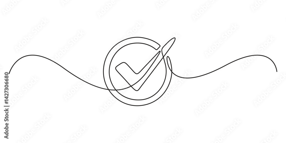 Poster checkmark in circle continuous one line drawing. single line art approved linear symbol. vector illu