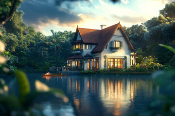 Obraz premium A dream house in a lakeside setting, surrounded by lush natural scenery.