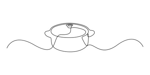 Fototapeta premium Continuous one line drawing of big pan isolated on white background. Cooking and kitchen concept, Continuous single line drawing of big pan isolated on white background vector illustration