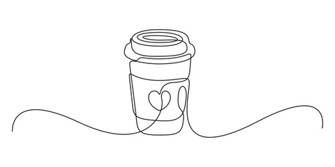 Obraz premium Continuous single line drawing of paper cup of coffee. One line drawing illustration of coffee takeaway, Paper cup of hot coffee in one continuous line drawing. Concept of drink to go in line art styl