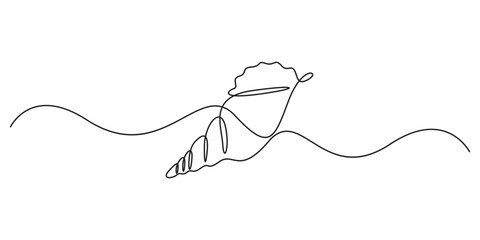 Continuous one line drawing of conch snail shell symbol. Single line art sea shell. Doodle vector illustration