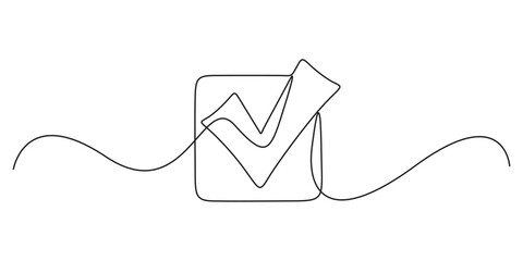 Continuous one line art creating the shape of a check mark. One continuous line drawing check mark. Single line art check mark. Vector illustration