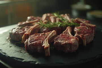 Succulent raw lamb chops arranged on a slate board, garnished with fresh rosemary, creating an inviting culinary atmosphere.