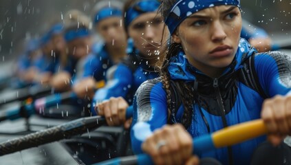 A rowing team surges ahead in the rain wearing blue and black athletic uniforms; sweat glistens as one rower intensely looks at the camera.
