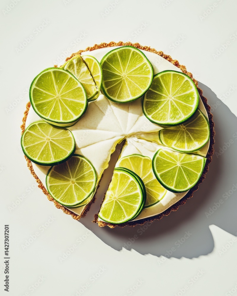 Poster delicious lime cheesecake topped with fresh lime slices, showcasing a well-balanced color palette an