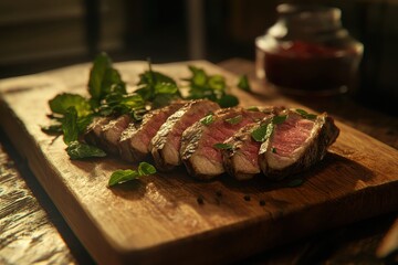 Succulent sliced steak garnished with fresh mint on a wooden board, showcasing a delicious meal.