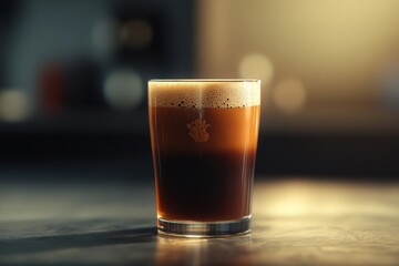 A rich brown glass of freshly brewed coffee with a creamy foam layer on top.