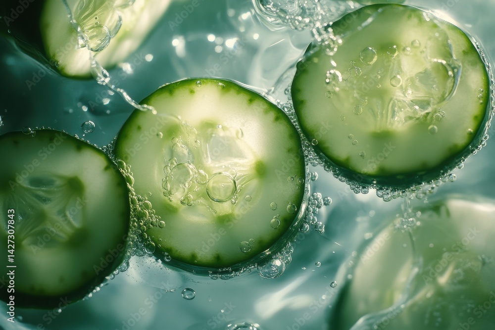 Poster fresh cucumber slices submerged in sparkling water with bubbles, creating a refreshing and vibrant s
