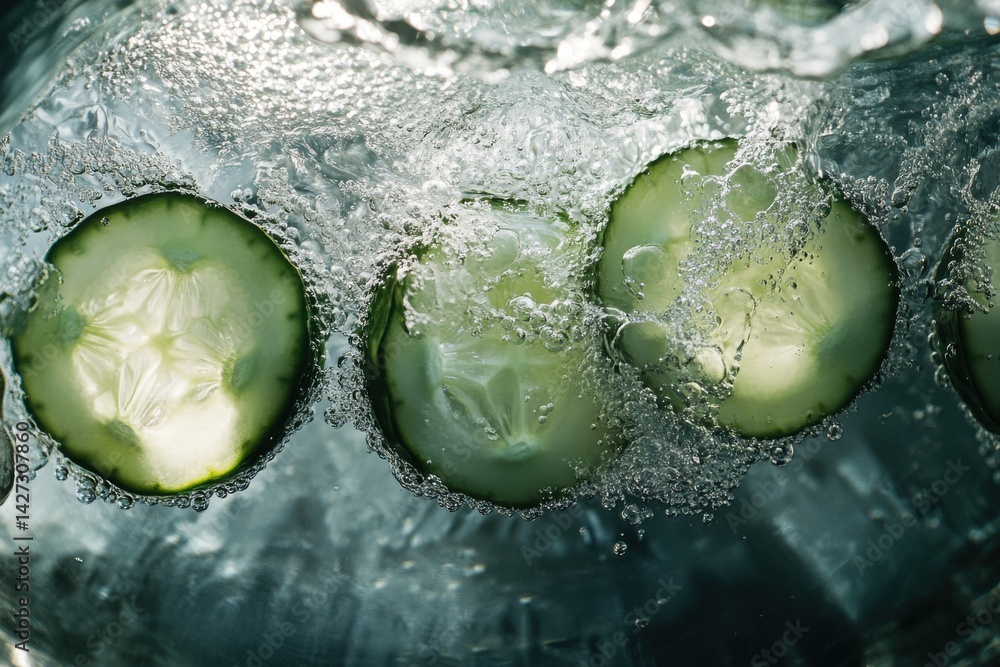 Poster fresh cucumber slices submerged in sparkling water, creating dynamic bubbles and a refreshing vibe.