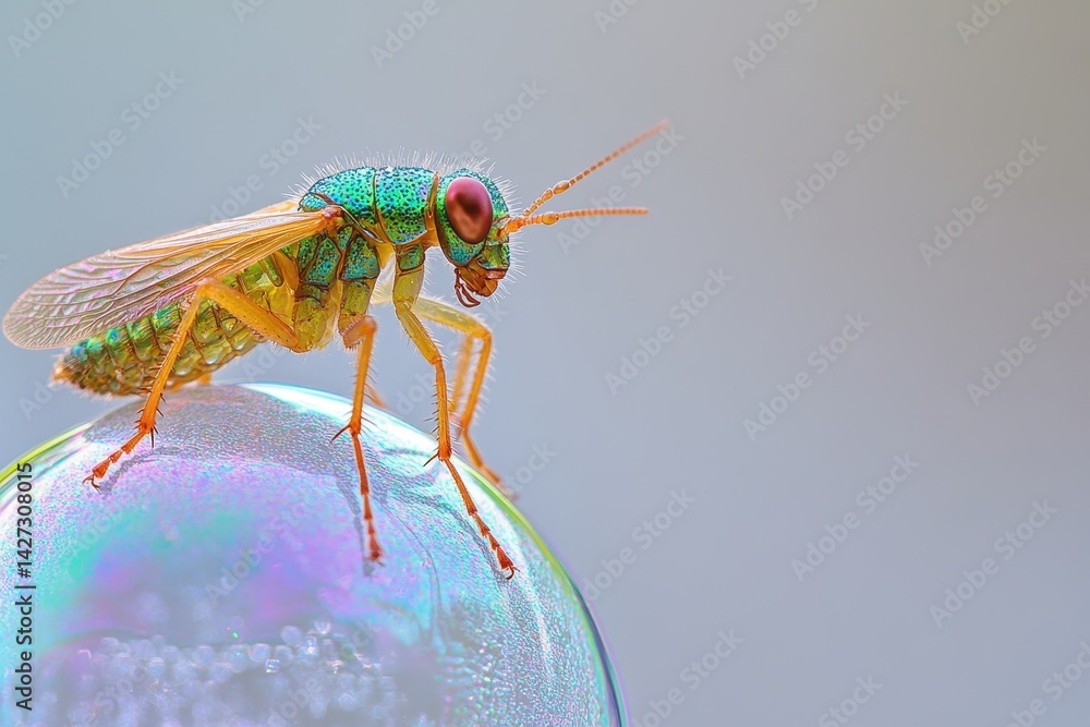 Poster vibrant green insect perched on a soap bubble in a soft-focus background, showcasing details of the 