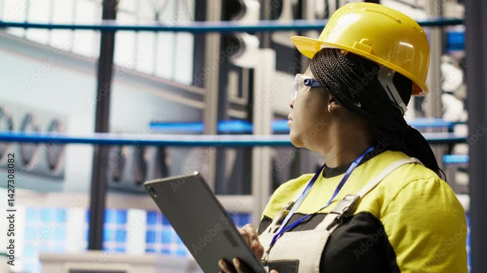 Poster smart factory engineer using tablet to analyze iot sensors data, refining equipment operational effi