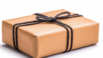 Decorative Brown Gift Box Tied with Black Ribbon on White Background