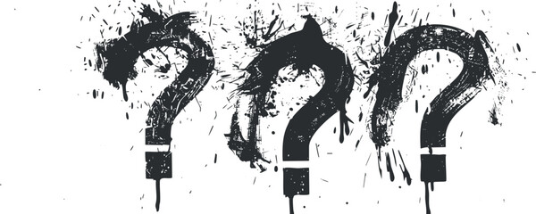 Three artistic question marks with a splash design representing curiosity and inquiry.