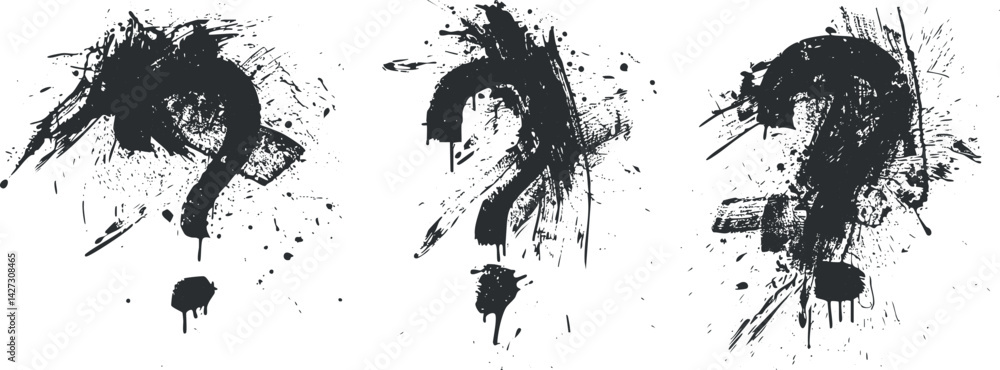 Aufkleber three abstract question marks created with black ink splashes on a white background.