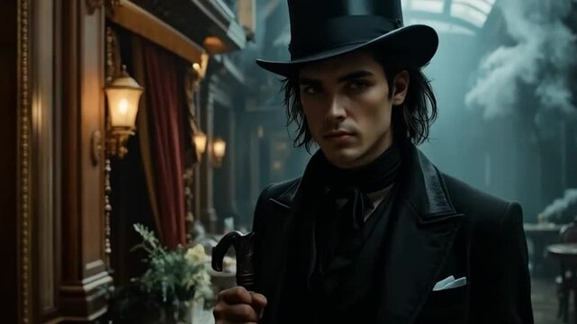 Mysterious Young Man in Dark Victorian Attire Holding Ornate Cane in a Smoky Candlelit Parlor with Intense Gaze and Gothic Atmosphere