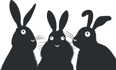 Three playful black rabbits with expressive eyes and distinct ears in a whimsical design.
