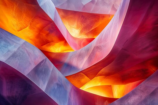 A stunning mix of diagonal lines and irregular organic shapes, illuminated by a glowing neon light in shades of red and yellow 