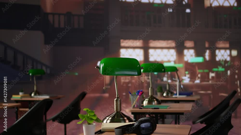 Poster empty university library for students to work on school assignments or do research for homework, pri