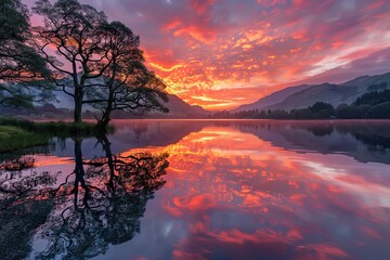 A breathtaking sunset over a tranquil lake with reflections of orange and pink hues dancing on the water surface 