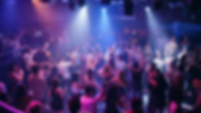 Blurred club party scene, vibrant lights, energetic crowd