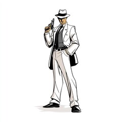 Shadowy crime boss in mafia-style comic illustration on white background